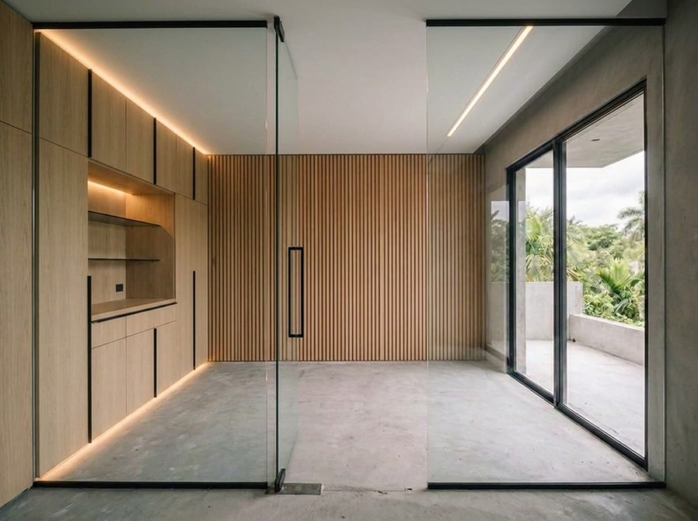 Concept visualization: the same room with integrated lighting, hardware, shelving and finishing details added