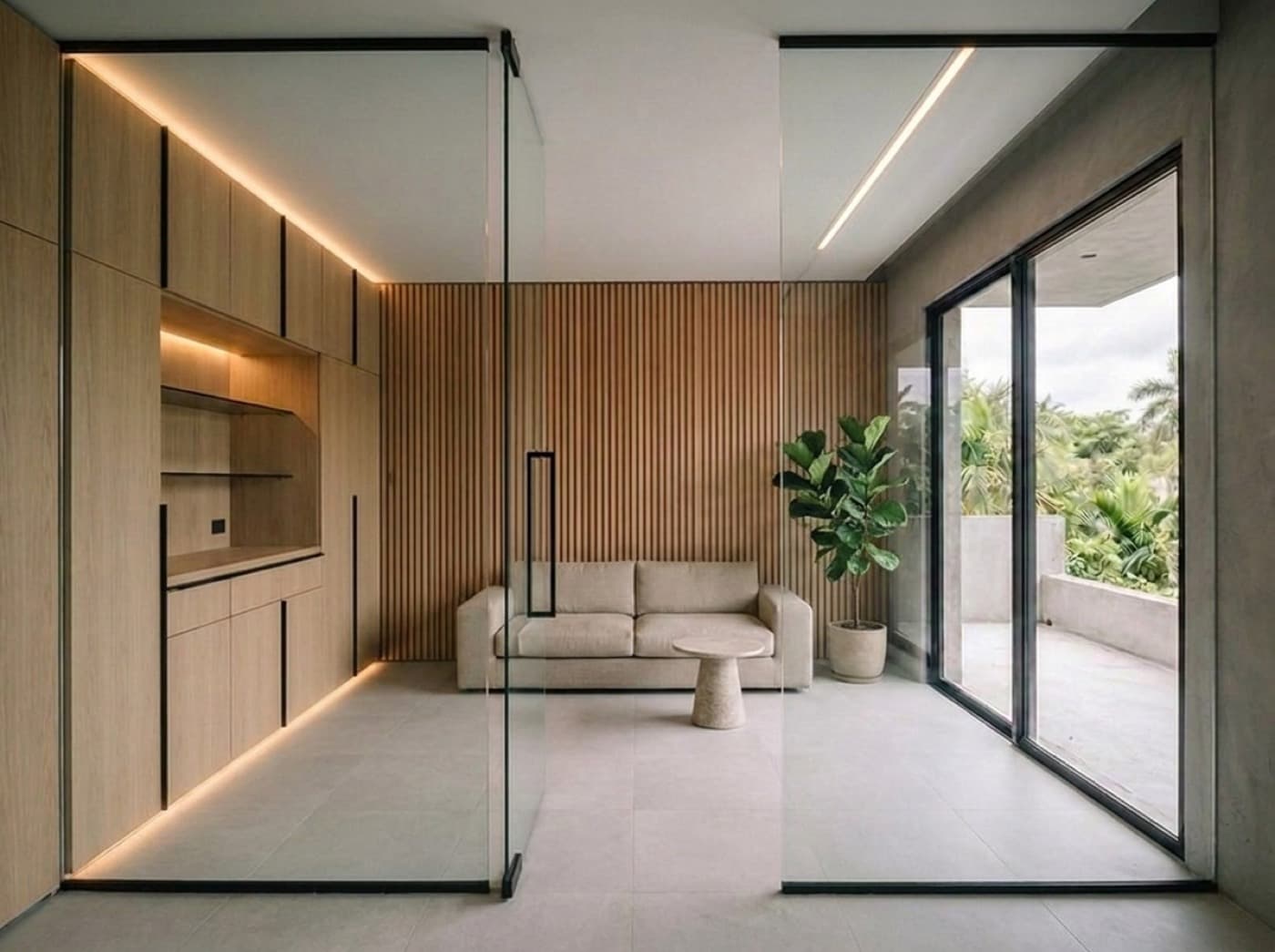 Concept visualization: the same room fully finished, with the millwork, glass and aluminum systems working as one